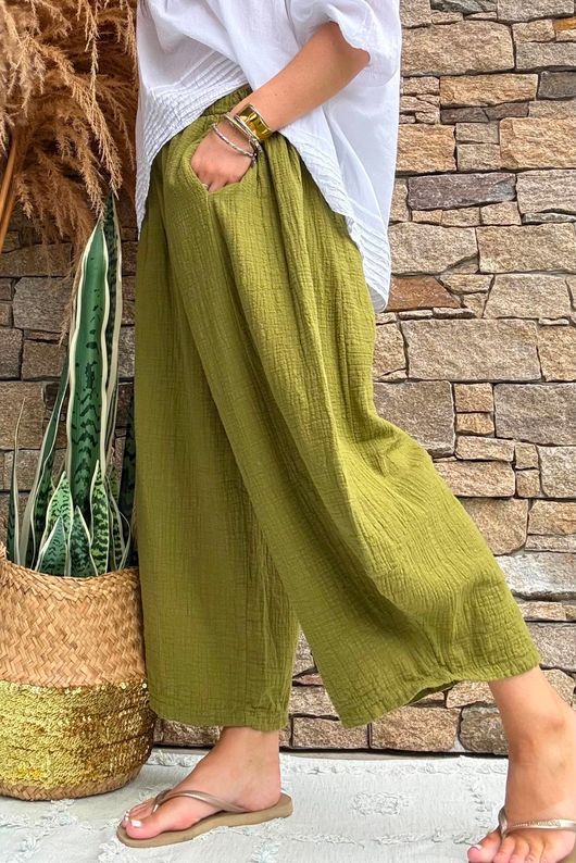 Annie Cushion Cotton Barrel Culotte Pant Olive